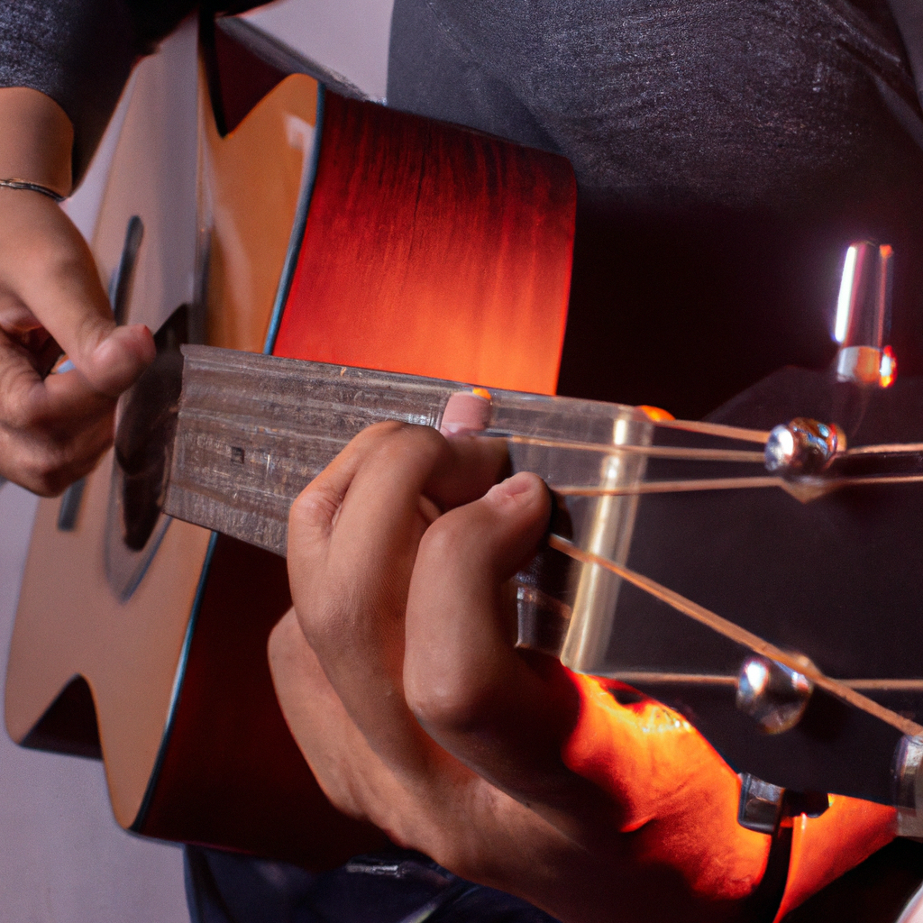 Professeur montrant une technique fingerstyle sur guitare folk, éclairage professionnel, haute définition