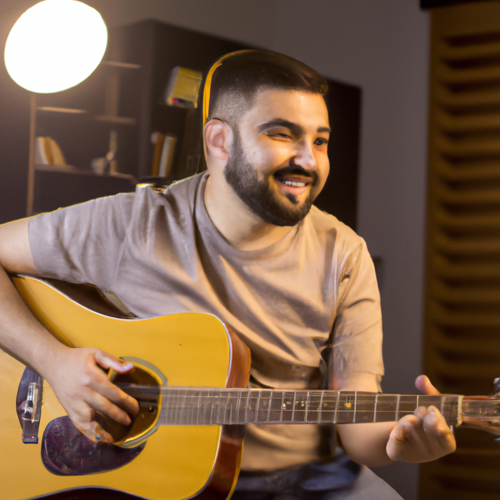 Élève jouant des accords ouverts sur une guitare acoustique dans un studio moderne, lumière douce, gros plan