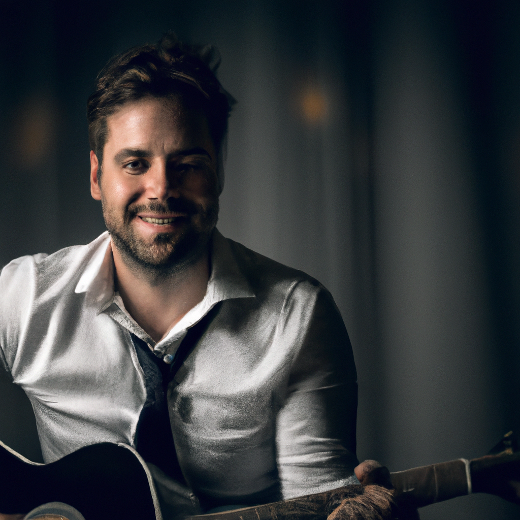 Portrait professeur de guitare acoustique, lumière naturelle.