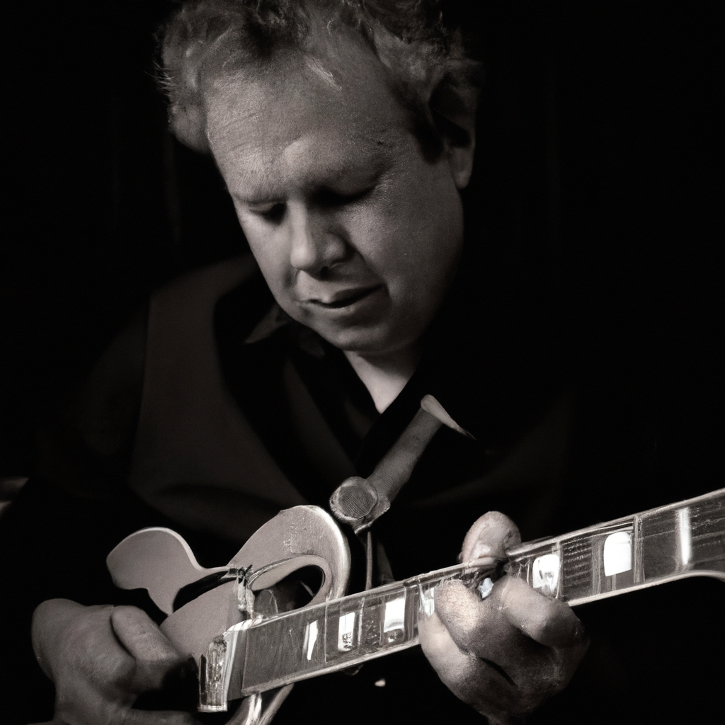 Portrait guitariste jazz en studio, noir et blanc.